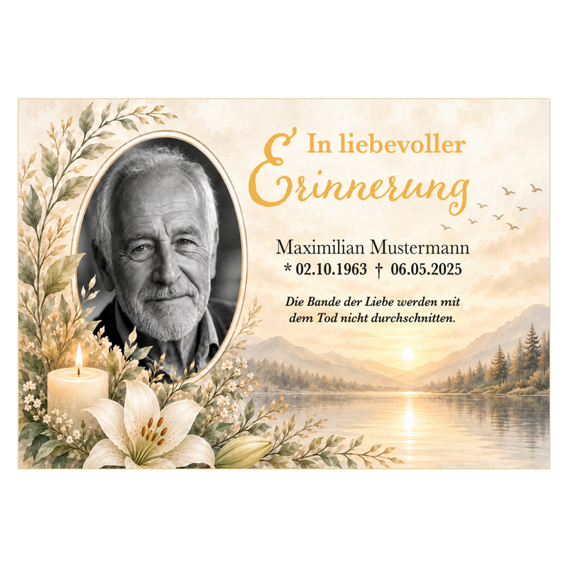 Tortenaufleger Beerdigung & Trauerfeier Kerze mit Bild – personalisiert mit Foto, Name & Datum – versch. Formen