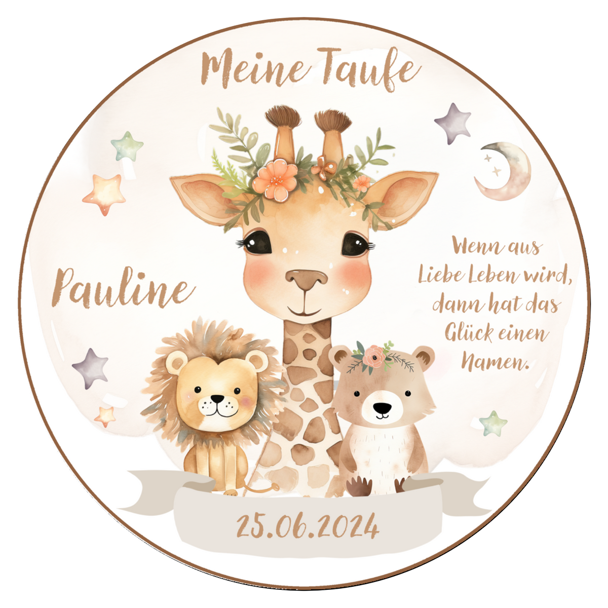 Tortenaufleger Taufe Animals 1 – personalisiert mit Name & Datum – versch. Formen