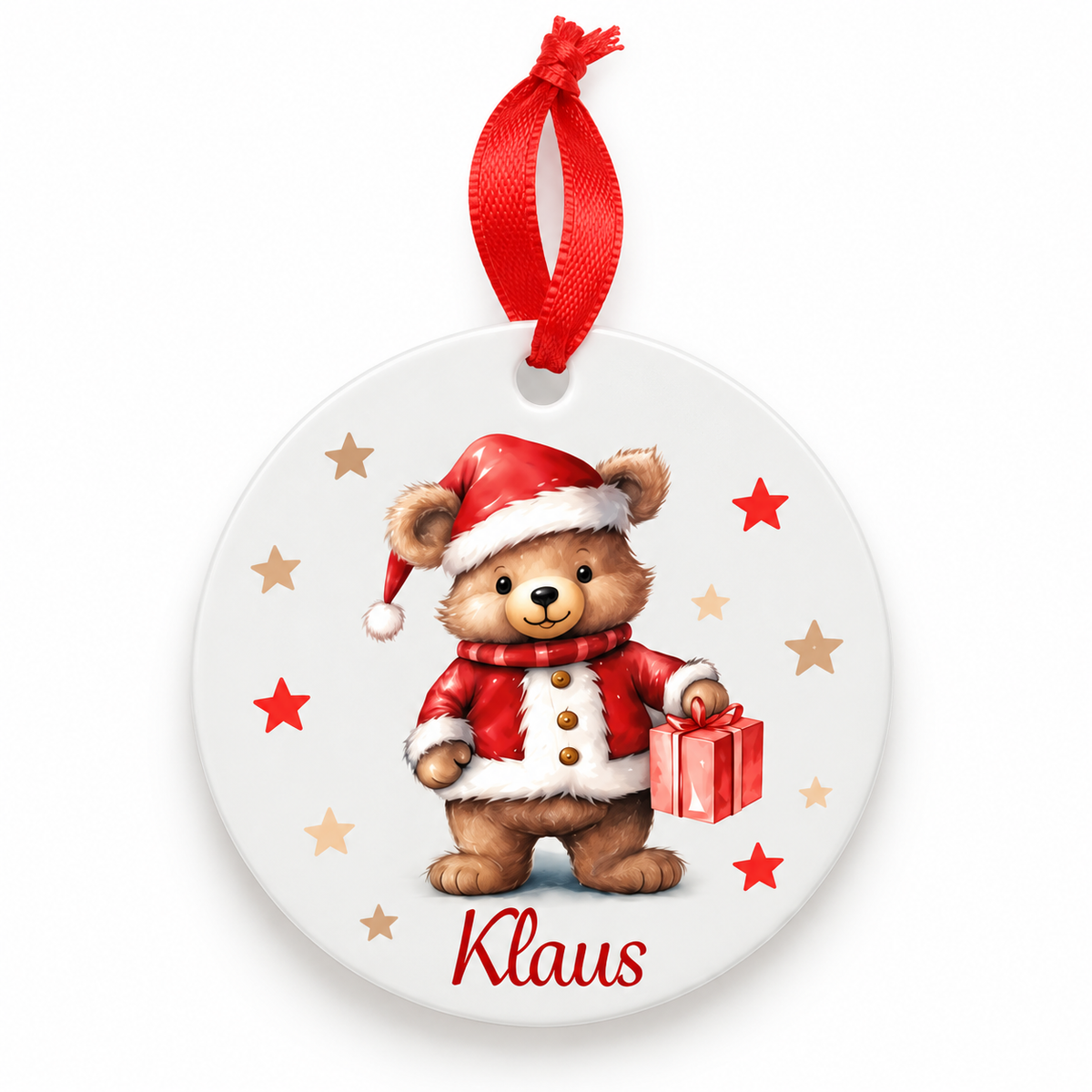 Weihnachtsanhänger personalisiert Teddy Sterne mit 1 Namen – Rund, Stern, Herz oder Glocke