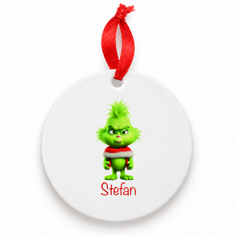 Weihnachtsanhänger personalisiert Grinch 1 mit Wunschnamen – Rund, Stern, Herz oder Glocke