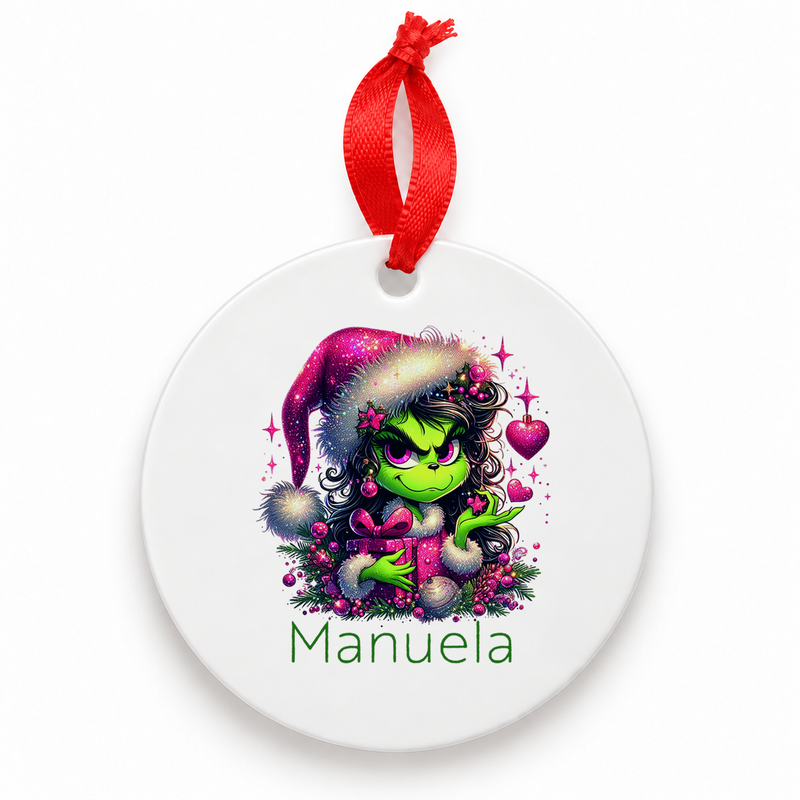 Weihnachtsanhänger personalisiert Lady-Grinch 2 mit Wunschnamen – Rund, Stern, Herz oder Glocke