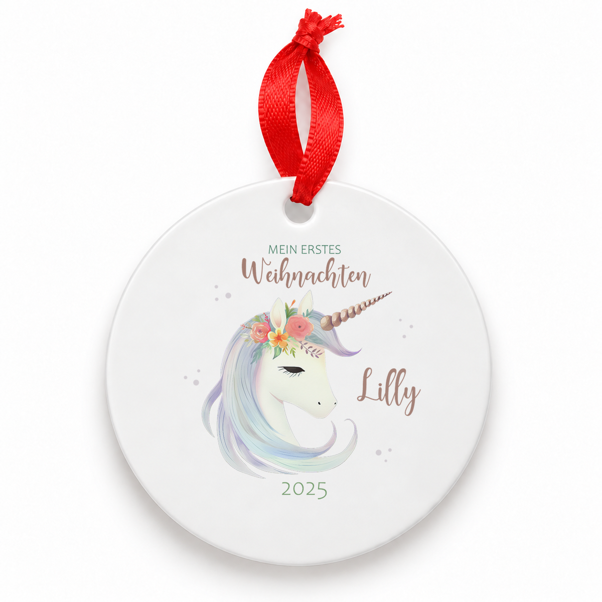 Weihnachtsanhänger personalisiert Einhorn 1 – mein erstes Weihnachten mit Wunschnamen – Rund, Stern, Herz oder Glocke