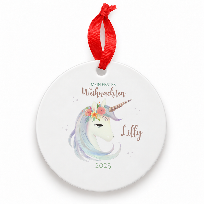 Weihnachtsanhänger personalisiert Einhorn 1 – mein erstes Weihnachten mit Wunschnamen – Rund, Stern, Herz oder Glocke
