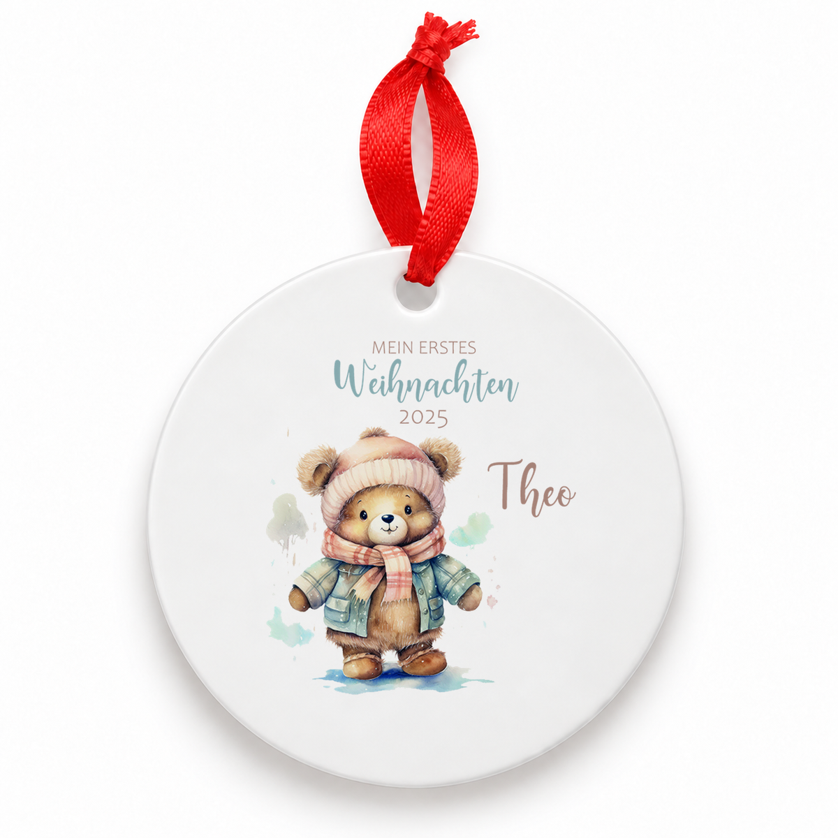 Weihnachtsanhänger personalisiert Teddy – mein erstes Weihnachten mit Wunschnamen – Rund, Stern, Herz oder Glocke