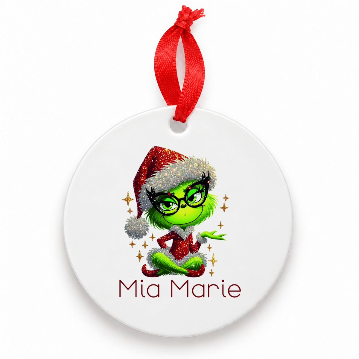 Weihnachtsanhänger personalisiert Lady-Grinch 4 mit Wunschnamen – Rund, Stern, Herz oder Glocke