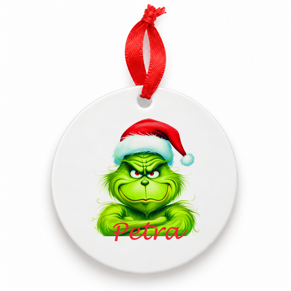 MUCKKI-PRO:7bbee7ffb6e587e0d8991bc567d36c2a817d63c16643da3657fc60db9d2a675a:Weihnachtsanhänger personalisiert Grinch 2 mit Wunschnamen – Rund, Stern, Herz oder Glocke