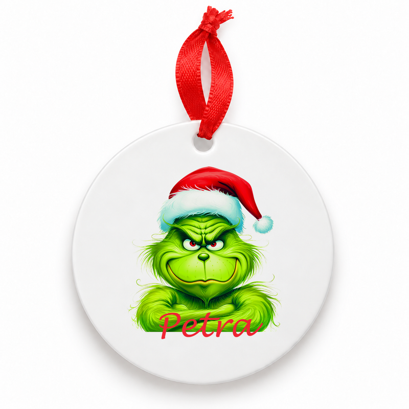Weihnachtsanhänger personalisiert Grinch 2 mit Wunschnamen – Rund, Stern, Herz oder Glocke