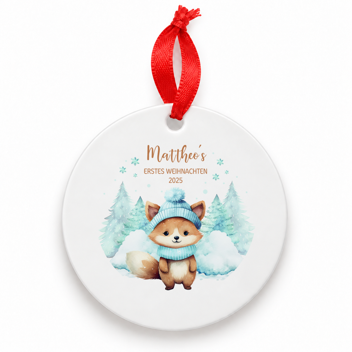 Weihnachtsanhänger personalisiert Fuchs – mein erstes Weihnachten mit Wunschnamen – Rund, Stern, Herz oder Glocke