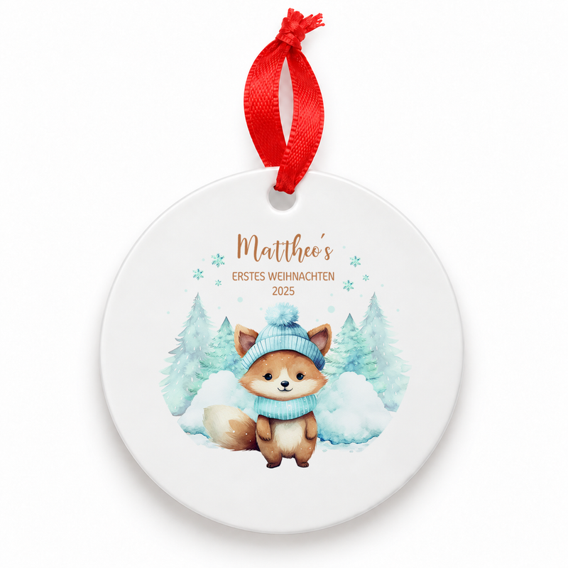 Weihnachtsanhänger personalisiert Fuchs – mein erstes Weihnachten mit Wunschnamen – Rund, Stern, Herz oder Glocke