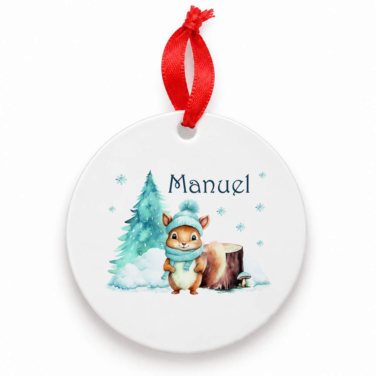 Weihnachtsanhänger personalisiert Eichhörnchen mit Wunschnamen – Rund, Stern, Herz oder Glocke