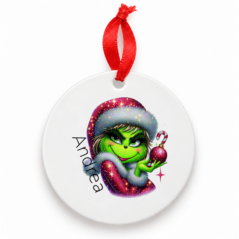 Weihnachtsanhänger personalisiert Lady-Grinch 3 mit Wunschnamen – Rund, Stern, Herz oder Glocke