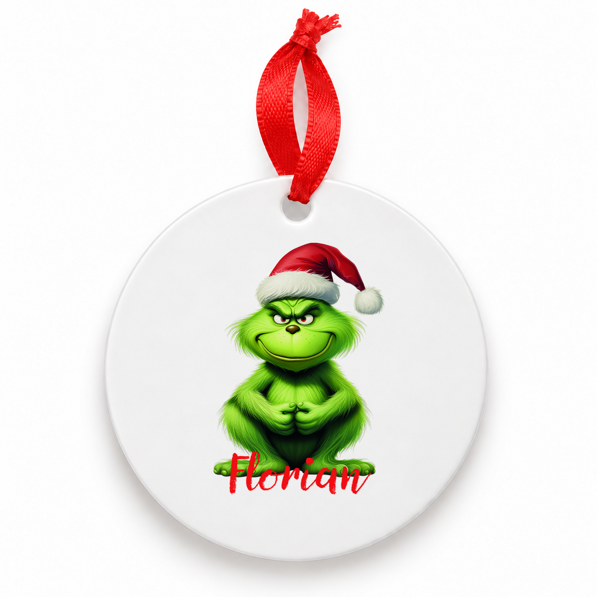 MUCKKI-PRO:3b6131a383d87420e2ba12437e08a52b9d96d52f7670ed8c44dccac104658077:Weihnachtsanhänger personalisiert Grinch 5 mit Wunschnamen – Rund, Stern, Herz oder Glocke