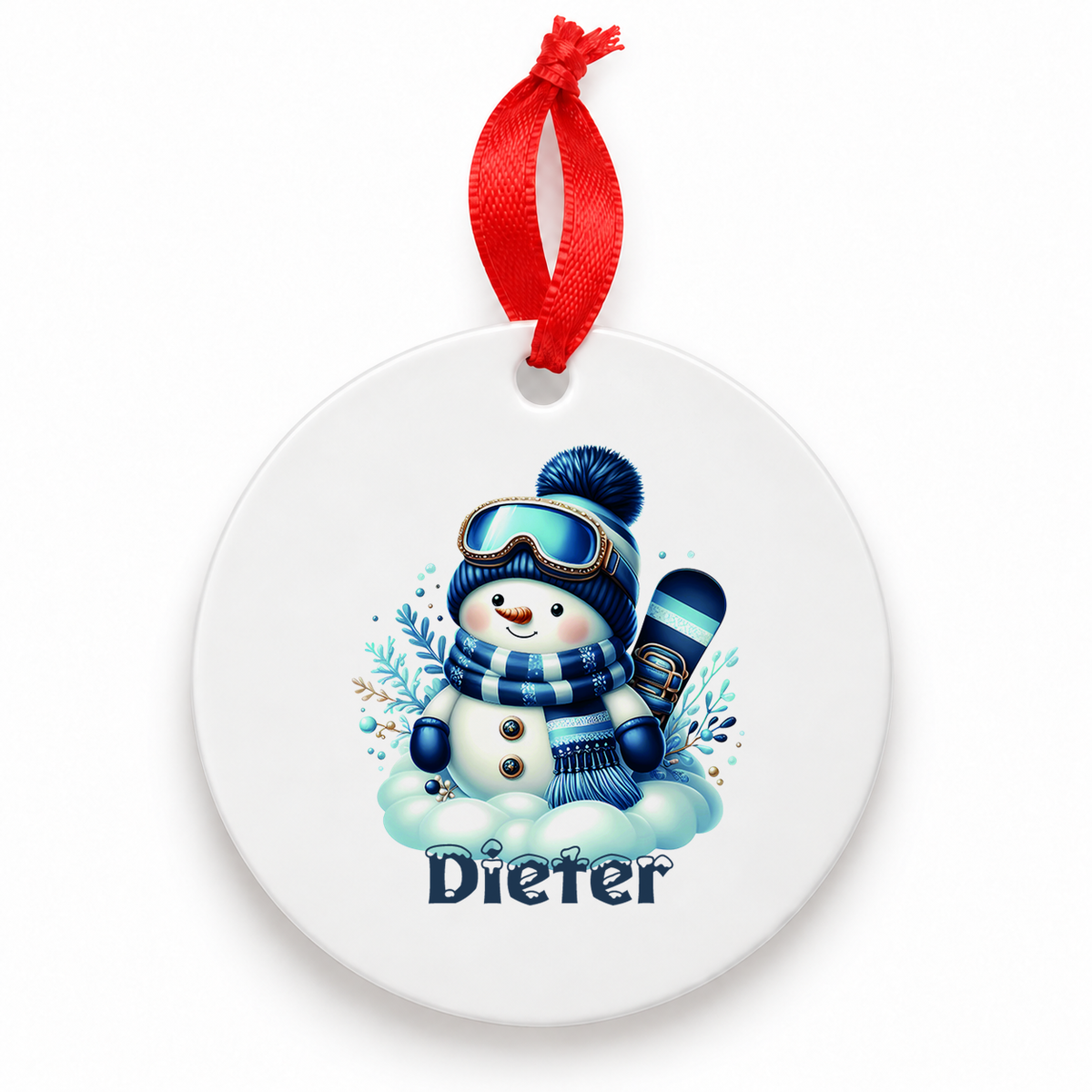 MUCKKI-PRO:83c7ab625565216eee29a39c38361cd1b28211b392f20861316ab58765fffa63:Weihnachtsanhänger personalisiert Schneemann 6 mit Wunschnamen – Rund, Stern, Herz oder Glocke