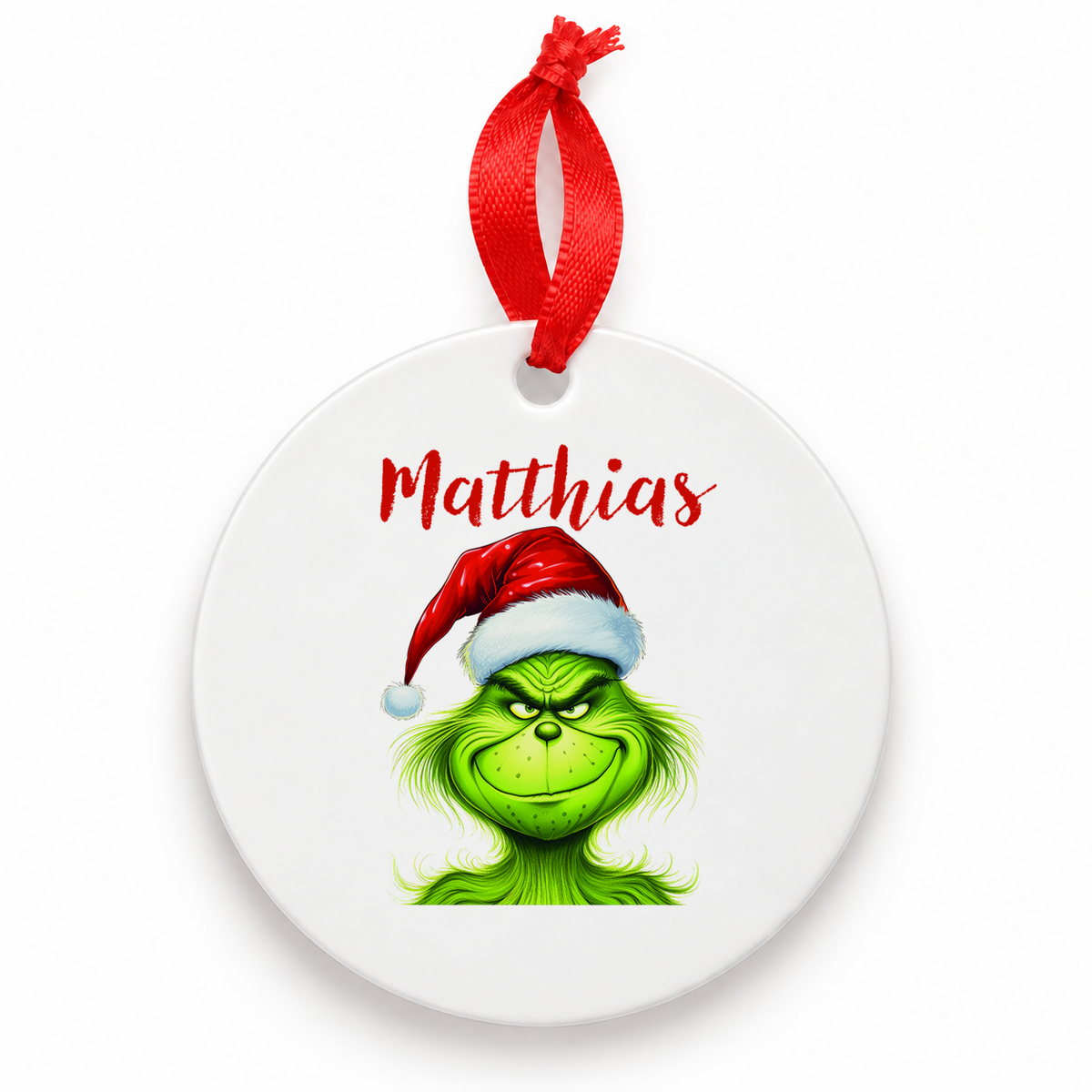 Weihnachtsanhänger personalisiert Grinch 3 mit Wunschnamen – Rund, Stern, Herz oder Glocke