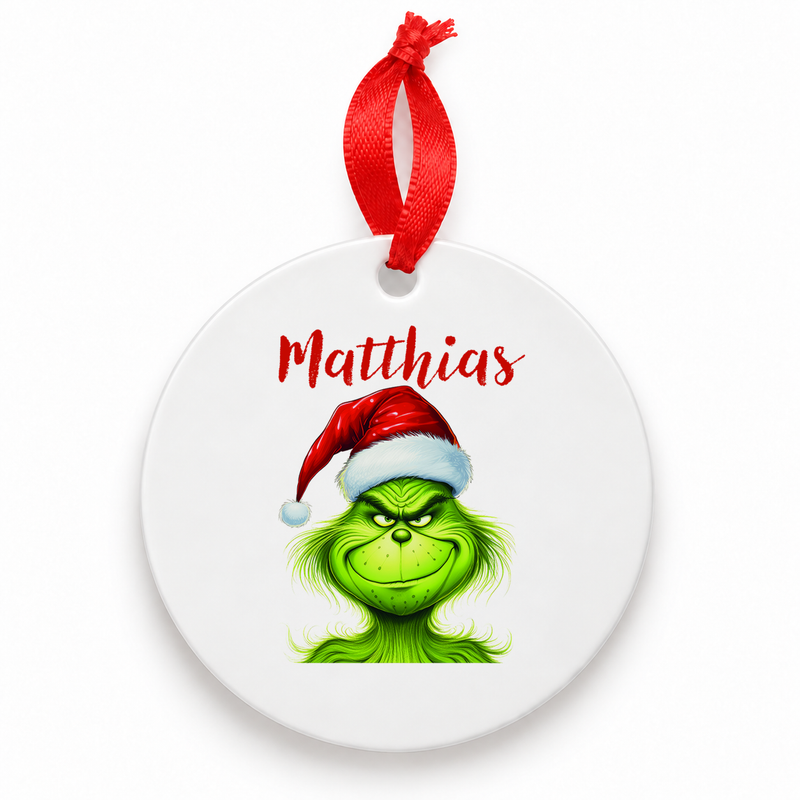 Weihnachtsanhänger personalisiert Grinch 3 mit Wunschnamen – Rund, Stern, Herz oder Glocke