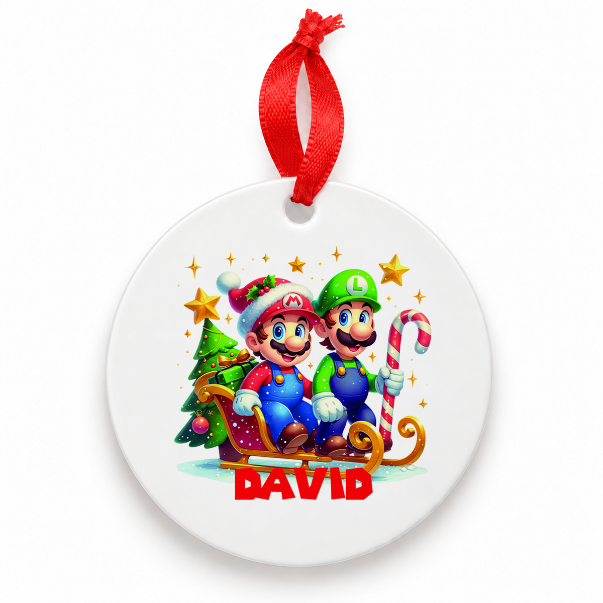 Weihnachtsanhänger personalisiert Super Mario mit Wunschnamen – Rund, Stern, Herz oder Glocke