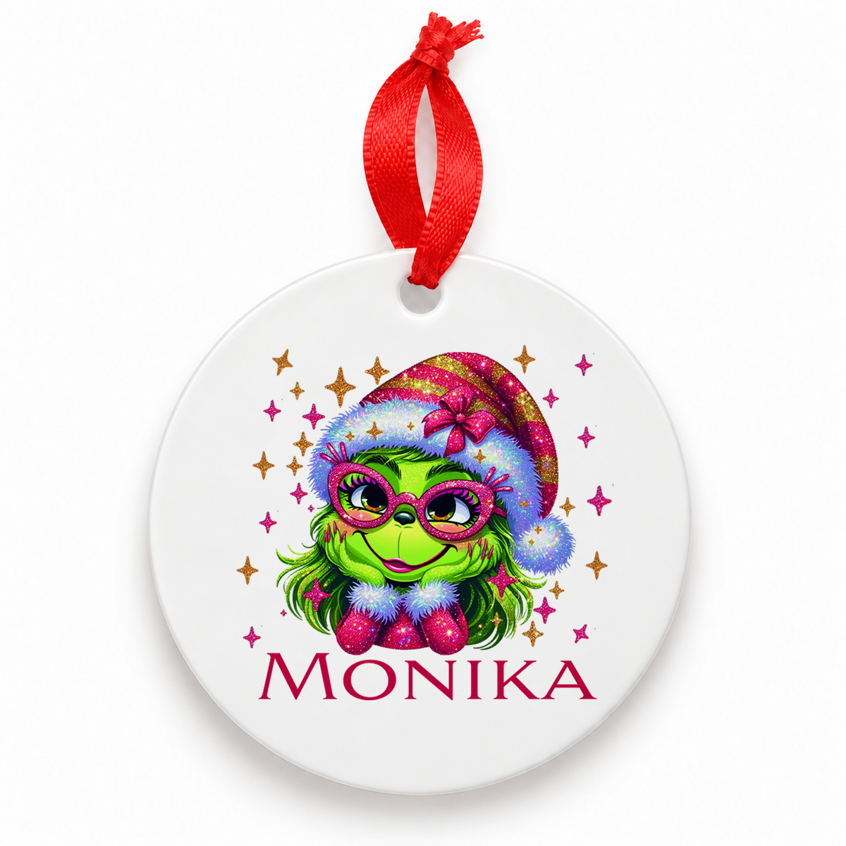 Weihnachtsanhänger personalisiert Lady-Grinch 1 mit Wunschnamen – Rund, Stern, Herz oder Glocke