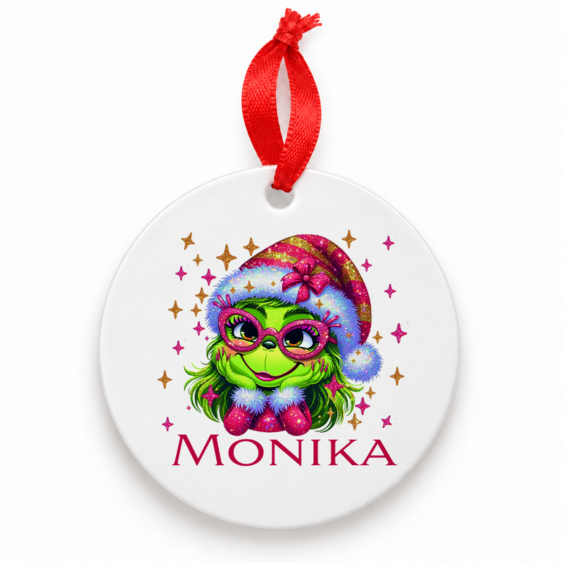 Weihnachtsanhänger personalisiert Lady-Grinch 1 mit Wunschnamen – Rund, Stern, Herz oder Glocke