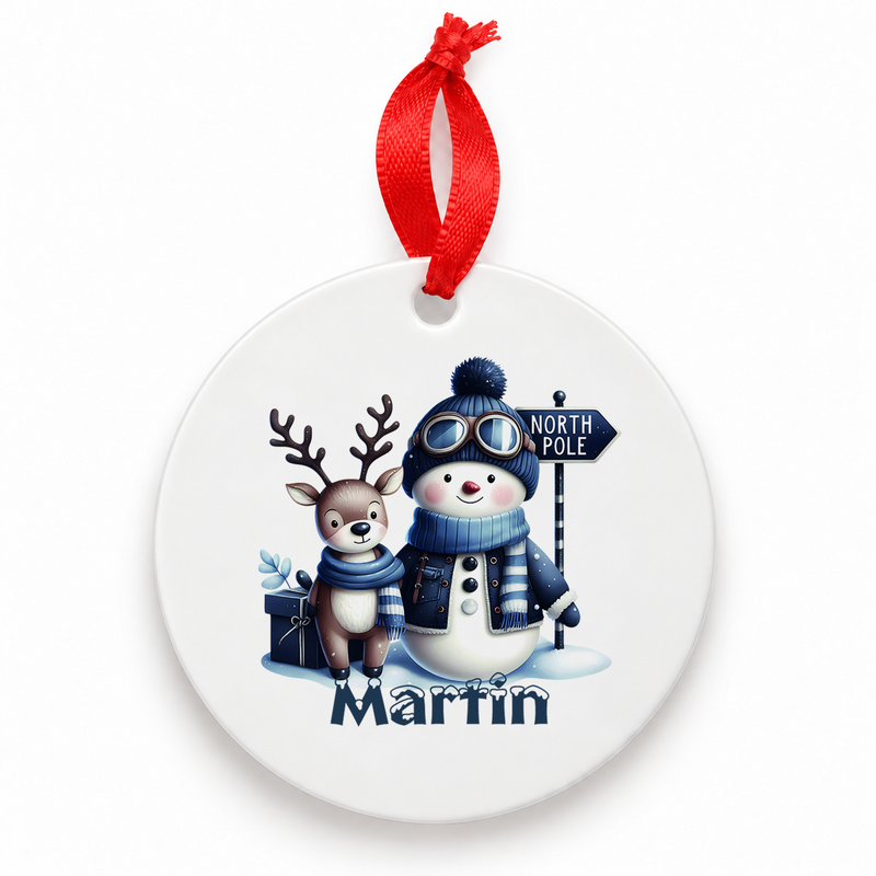 Weihnachtsanhänger personalisiert Schneemann 5 mit Wunschnamen – Rund, Stern, Herz oder Glocke