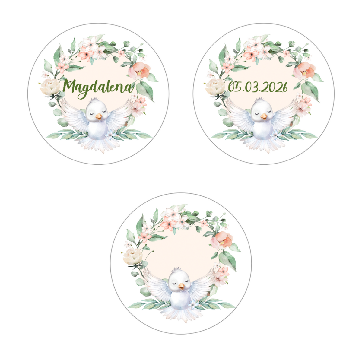 Muffinaufleger Taufe Vogel 1 – 4 cm (20 Stück) oder 6 cm (12 Stück) mit Name und Taufdatum