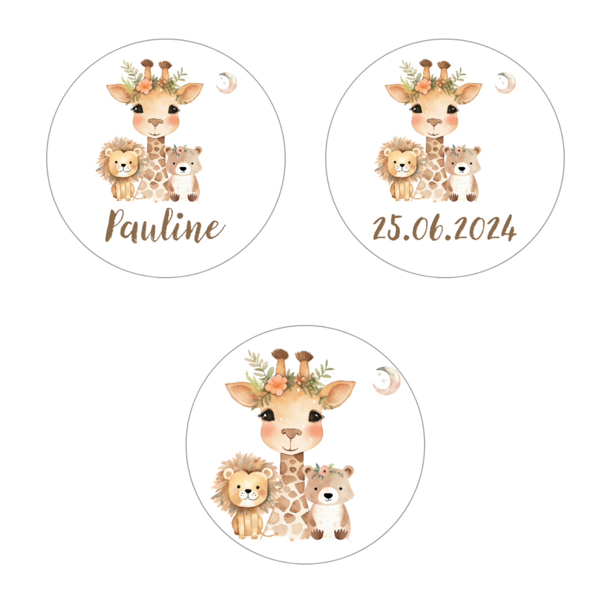 Muffinaufleger Taufe Animals 1 – 4 cm (20 Stück) oder 6 cm (12 Stück) mit Name und Taufdatum