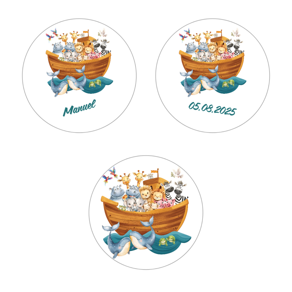Muffinaufleger Taufe Arche Noah 2 – 4 cm (20 Stück) oder 6 cm (12 Stück) mit Name und Taufdatum