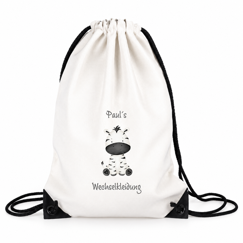 Turnbeutel für Kinder Wechselkleidung-Zebra 1  Personalisiert mit Namen inkl. schwarzem Kordelzugband