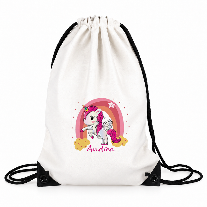 Turnbeutel Regenbogen-Einhorn 1 mit Wunschname personalisiert