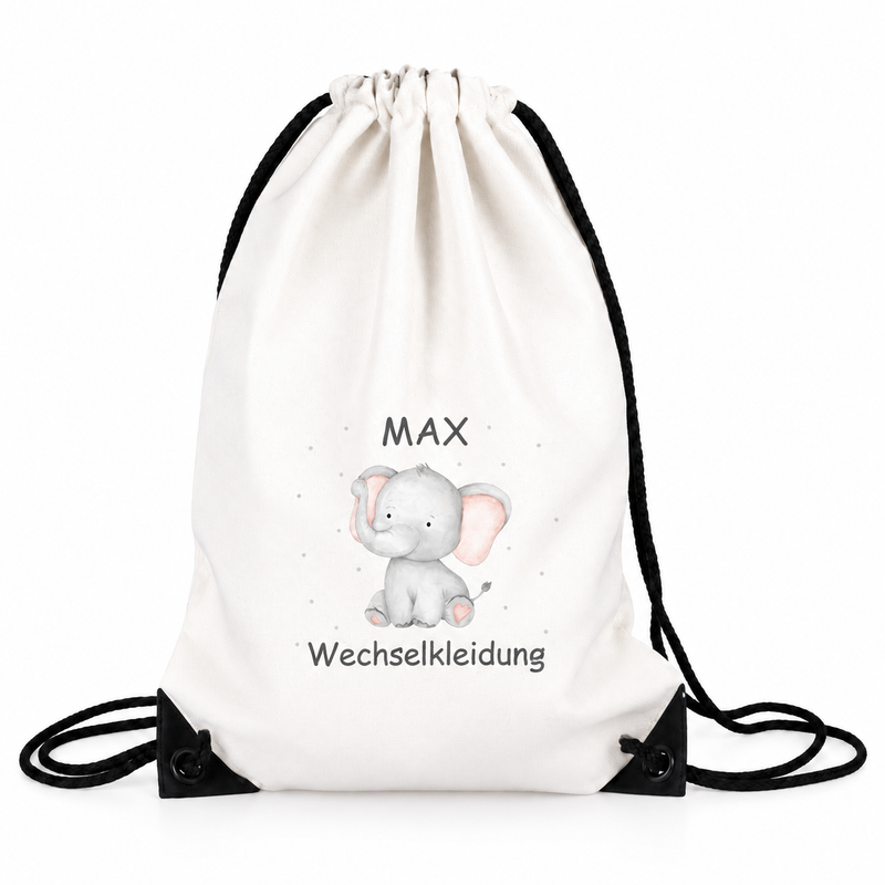 Turnbeutel für Kinder Wechselkleidung-Elefant 1  Personalisiert mit Namen inkl. schwarzem Kordelzugband