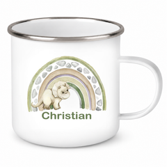 Tasse Wunschname Regenbogen-Dino Emaille Kinderbecher
