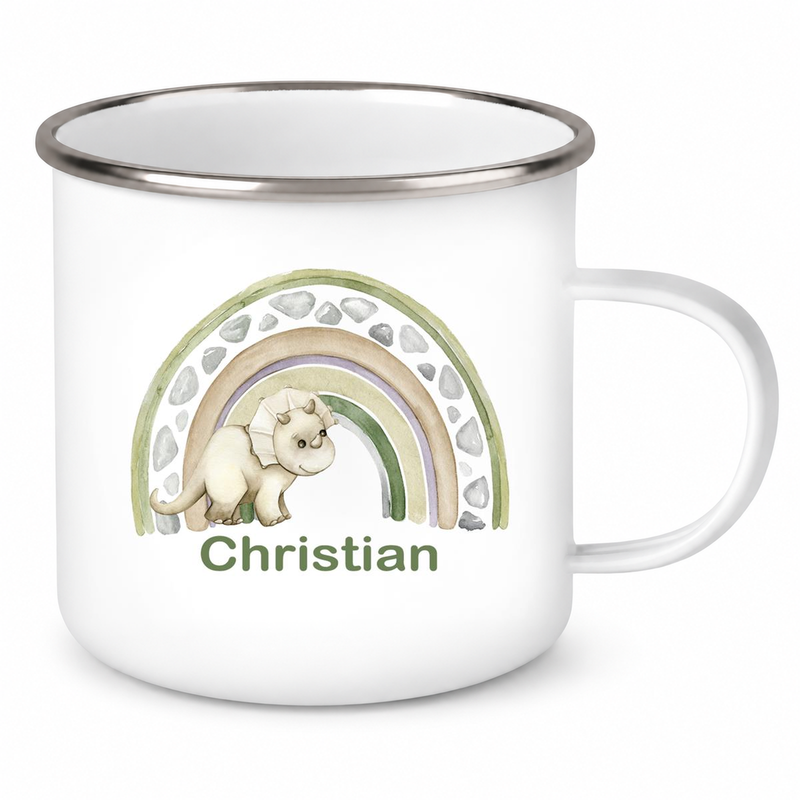 Tasse Wunschname Regenbogen-Dino Emaille Kinderbecher