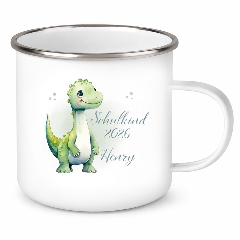 Tasse Schulkind 4 Wunschname Dino1 Emaille Kinderbecher Personalisiert
