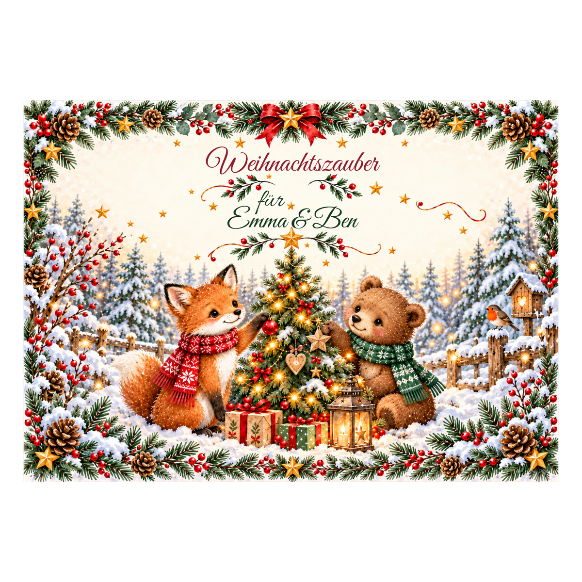 MUCKKI-PRO:cc3cc053de0a27aa4513530344271630dcab24852fc65193e3def4c56215c9bf:Tortenaufleger Weihnachten Fuchs & Bär – personalisiert mit Wunschnamen – Eckig (28 x 20cm)