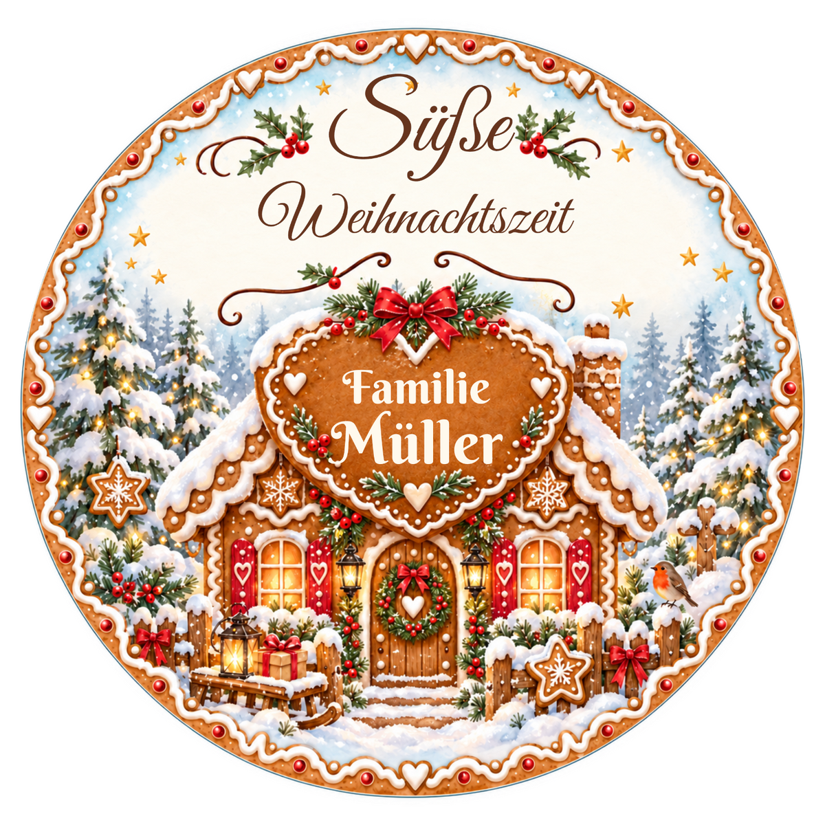 Tortenaufleger Weihnachten Lebkuchenhaus – personalisiert mit Familienname – versch. Formen