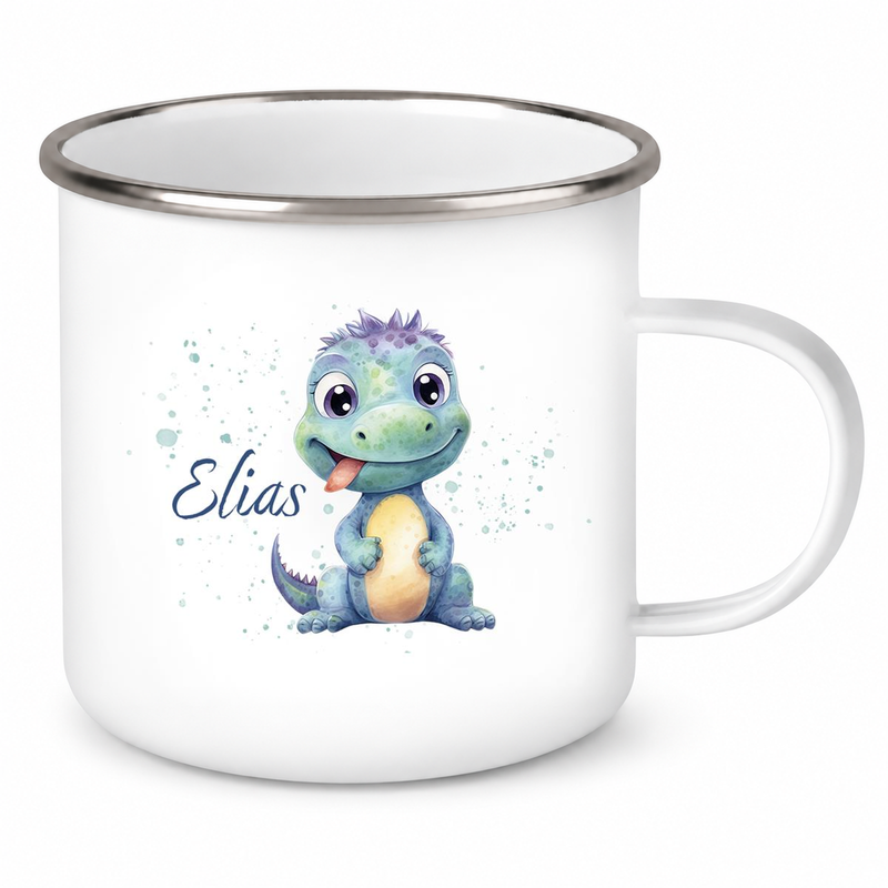 Tasse Wunschname Dino 13 Emaille Kinderbecher