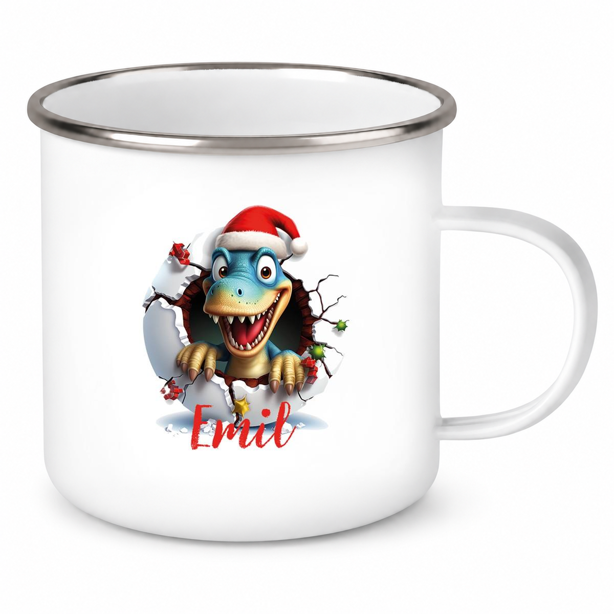 Tasse Wunschname Christmas Dino 2 Emaille Kinderbecher