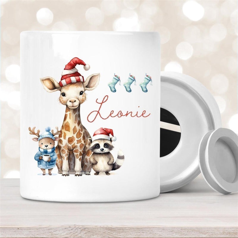 Spardose mit Wunschname Weihnachten Tiere 1 personalisiert