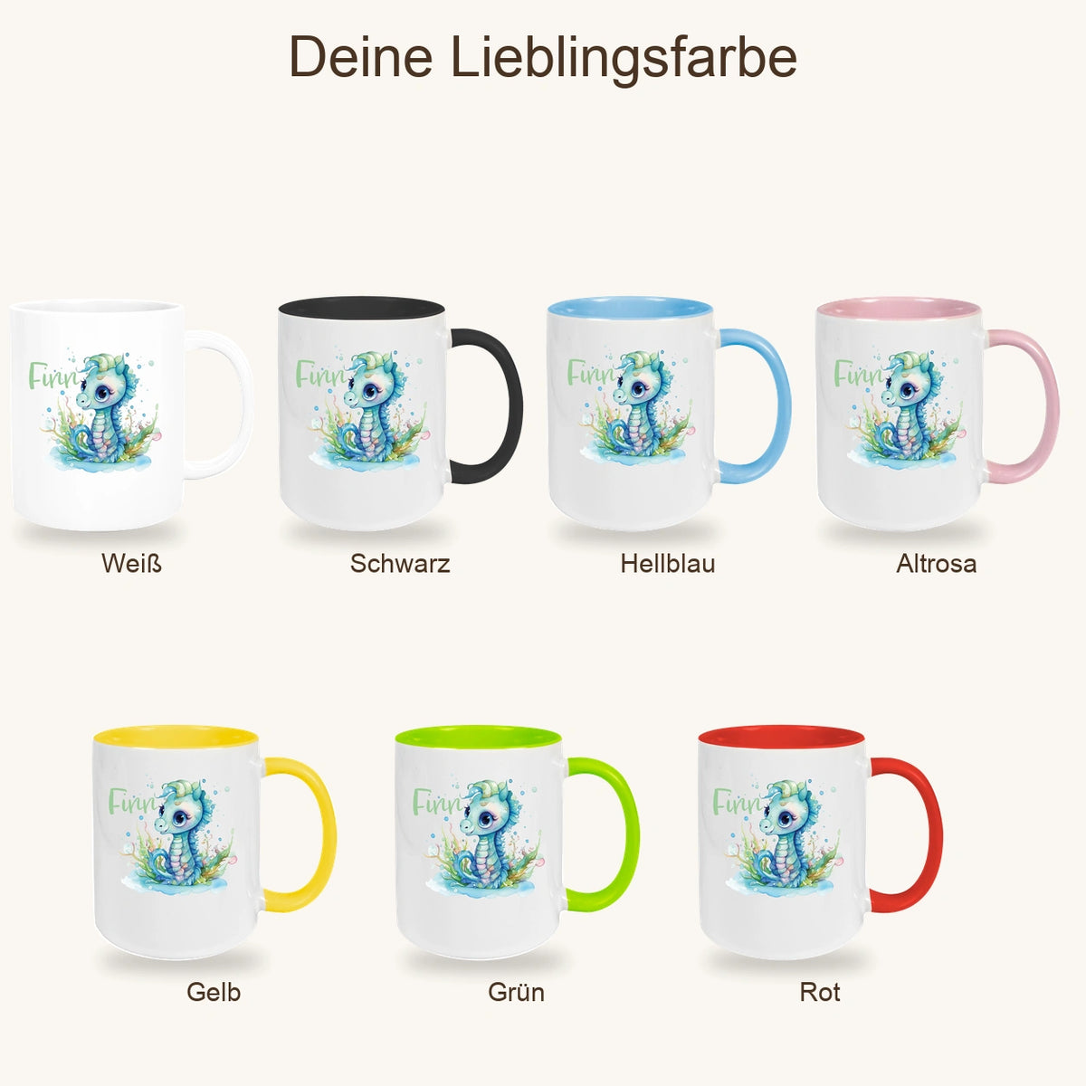 Tasse Wunschname Meerestiere-Seepferdchen 1 Keramik Kinderbecher versch. Farben