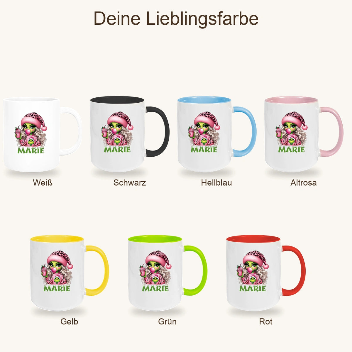 MUCKKI-PRO:0047575928da563050748251c5f6c84093dc593a9b60b494aad18ab171686e1e:Tasse Wunschname Weihnachten Lady-Grinch 5 Keramik Kinderbecher versch. Farben