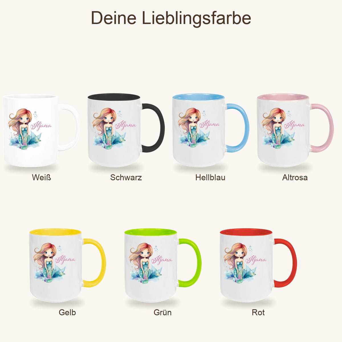 MUCKKI-PRO:a86ab7ff692dff7f51c071462df295d9e0e115eb078811b91cf706571e675dd5:Tasse Wunschname Meerjungfrau 2 Keramik Kinderbecher versch. Farben