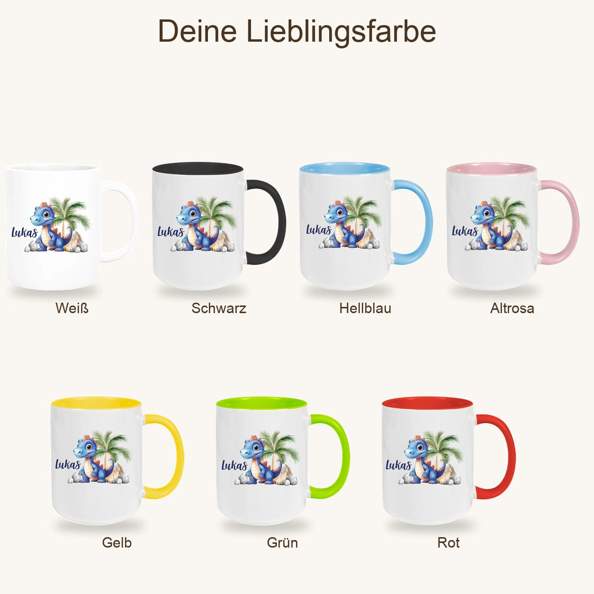 MUCKKI-PRO:973ba927dfe508e32912db08a4f377174763f1dd3af3143a29e151d54873ff1e:Tasse Dino 8 Wunschname Keramik Kinderbecher Personalisiert versch. Farben