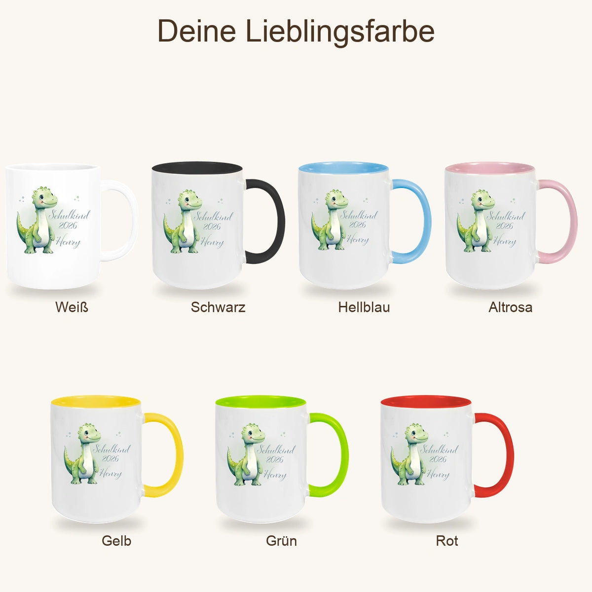 MUCKKI-PRO:f3c59852c042ecfe8e643378e63a1017c99b1899a1bfb55cf64bb8884ee7a98a:Tasse Schulkind 4 Wunschname Dino1 Keramik Kinderbecher Personalisiert versch. Farben