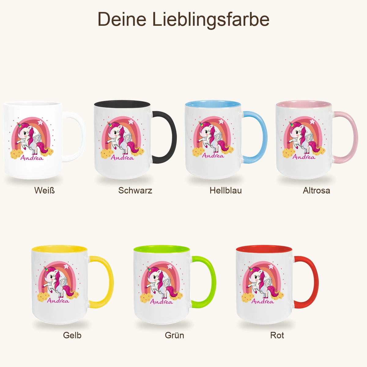 MUCKKI-PRO:0e272a7db40b352a248d064bb974cc6f7153326562a3668df4b3d14c2d7128fb:Tasse Wunschname Regenbogen-Einhorn Keramik Kinderbecher personalisiert versch. Farben