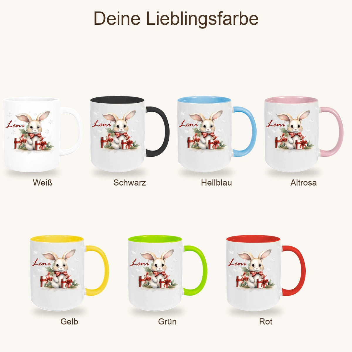 MUCKKI-PRO:451e362579efe5ed4719ee5022f90551c6ef4dd55290a98122d629e26f0a6ae1:Tasse Wunschname Weihnachten Hase Sterne Keramik Kinderbecher versch. Farben