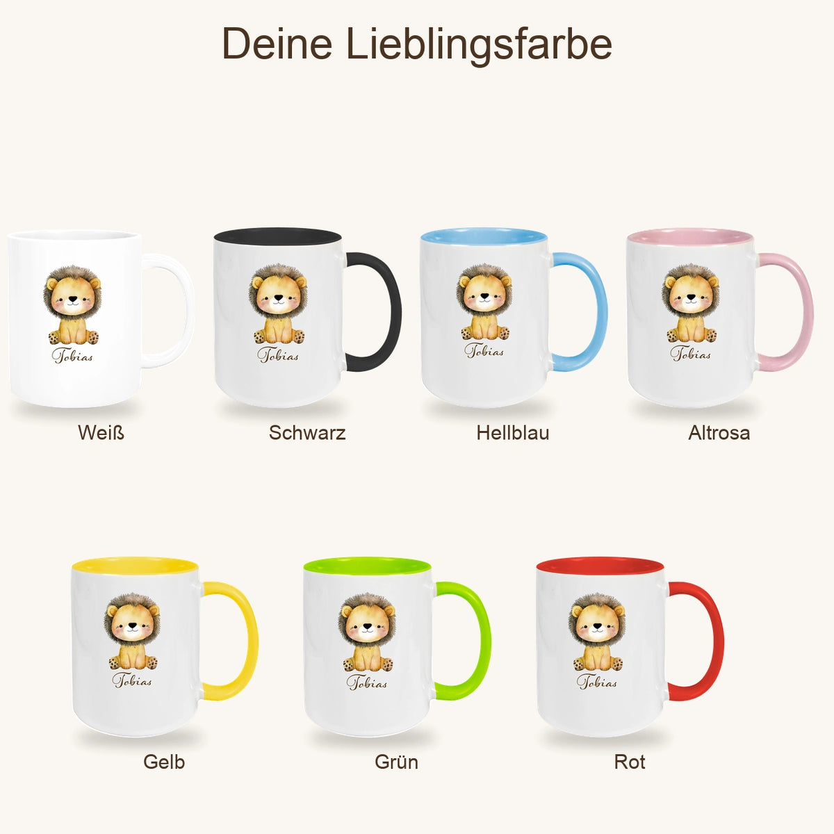 MUCKKI-PRO:1af5a44852e291aa8505c5287a9b6d1a5fb41139bbf2f6499c6f186f267b779e:Tasse Wunschname Löwe 1 Keramik Kinderbecher versch. Farben