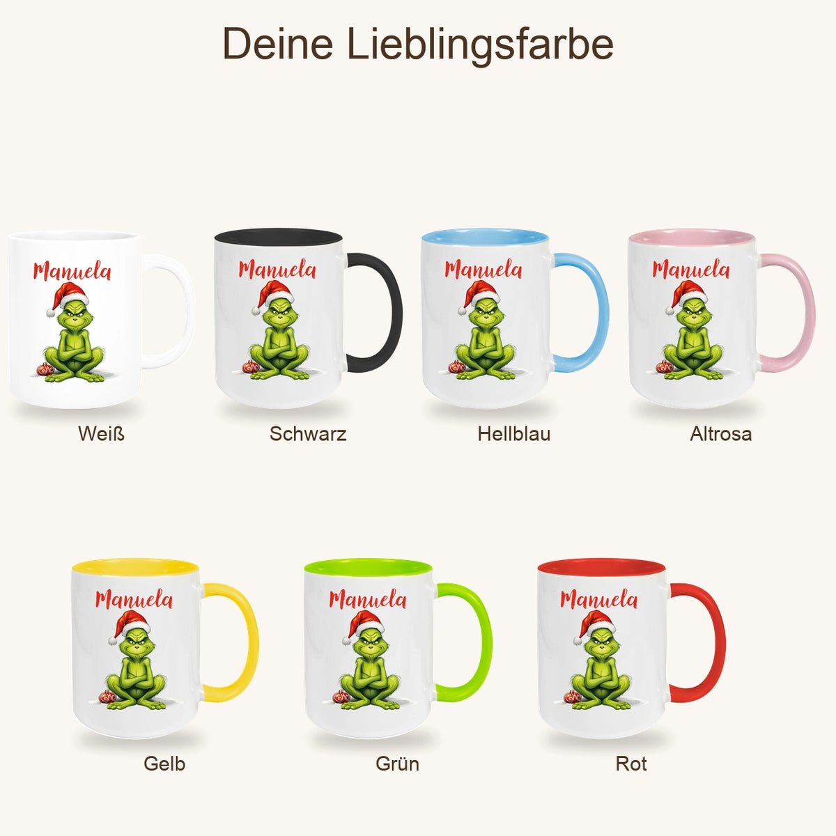 MUCKKI-PRO:0679e92272e29a849f252229689724c4d2f0999fc1b6fdc5de9c474149b9ee76:Tasse Wunschname Weihnachten Grinch 4 Keramik Kinderbecher versch. Farben