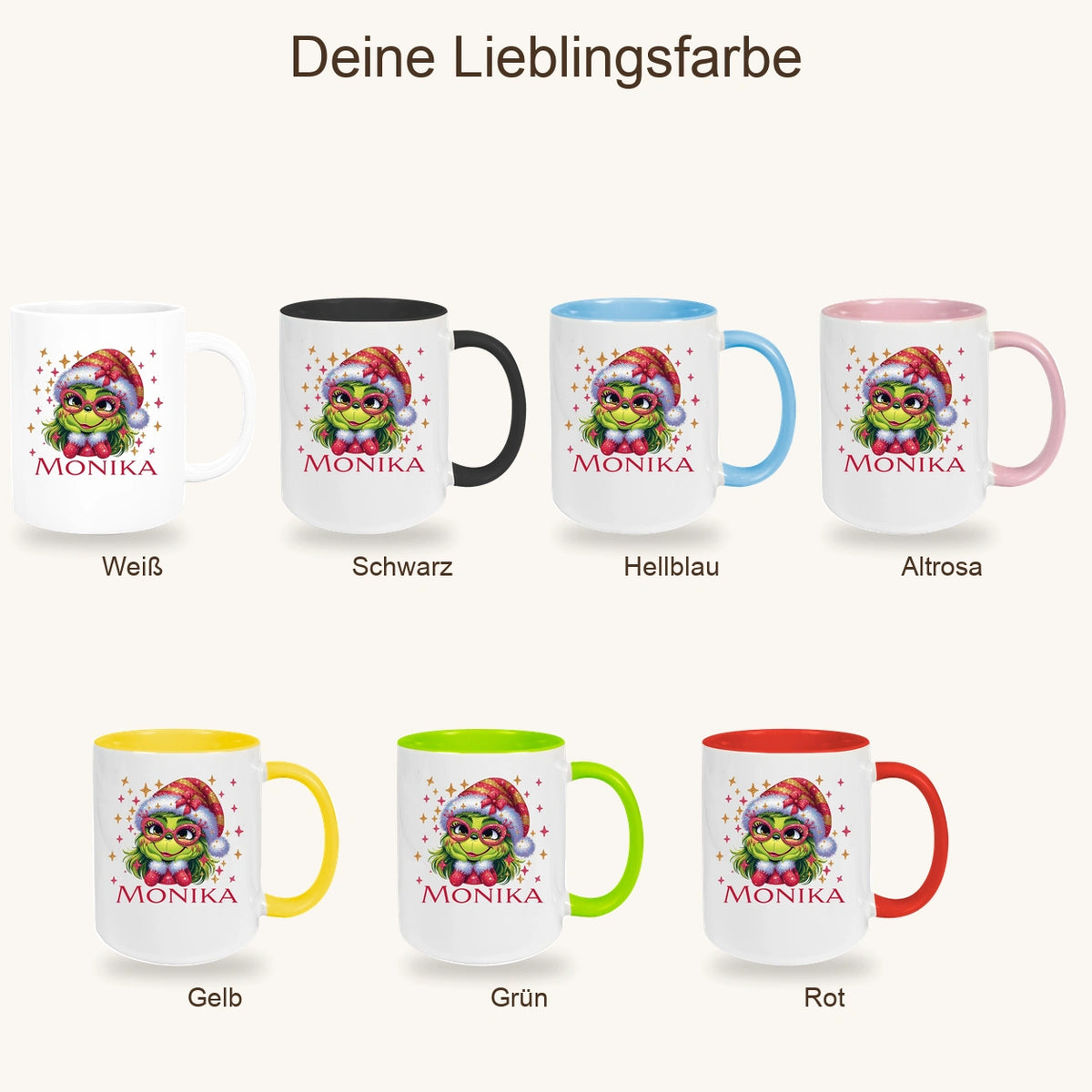Tasse Wunschname Weihnachten Lady-Grinch 1 Keramik Kinderbecher versch. Farben