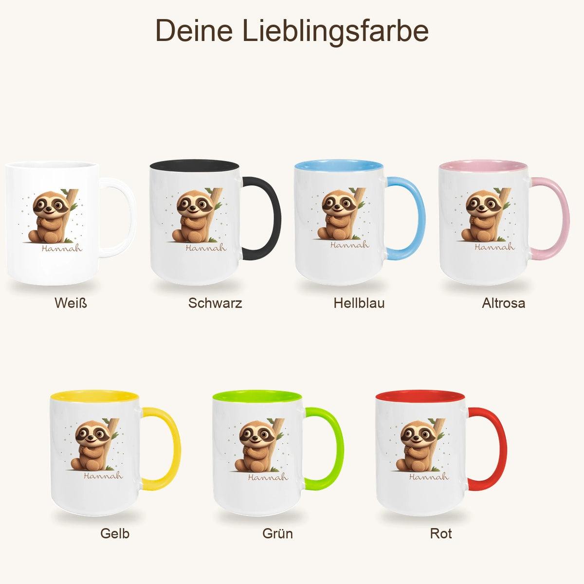MUCKKI-PRO:e482163551d6a78f6884df1d7118a1ead3564b36a8b5a7136be786ef59464752:Tasse Wunschname Faultier-Baum Keramik Kinderbecher versch. Farben