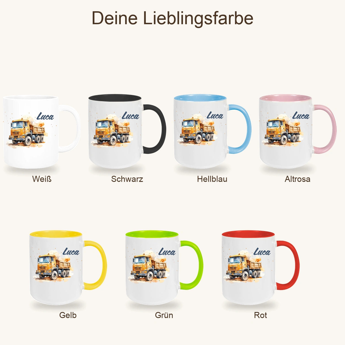 Tasse Wunschname Baustelle Kipper Keramik Kinderbecher versch. Farben