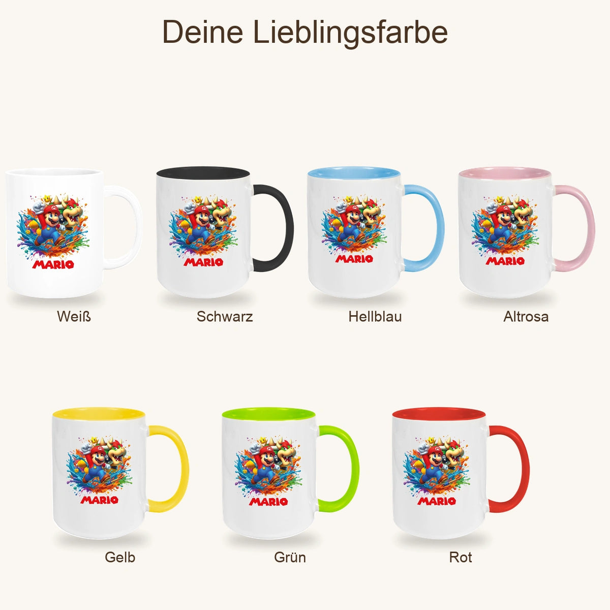 Tasse Wunschname Super-Mario 5 Keramik Kinderbecher personalisiert versch. Farben